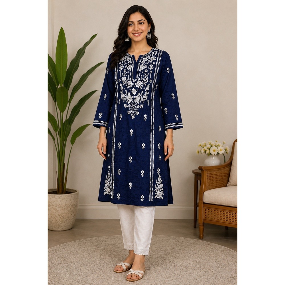 Pakistani Indian Navy Blue White Embroidered Kurta Tunic Women Traditional А2